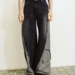 男丹寧拼接感高腰寬版長褲-二色